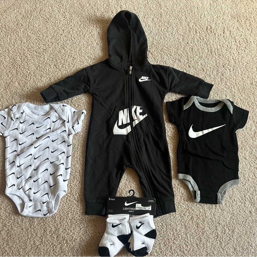 Nike Baby Bodysuit, Romper and Socks Set - Black and White